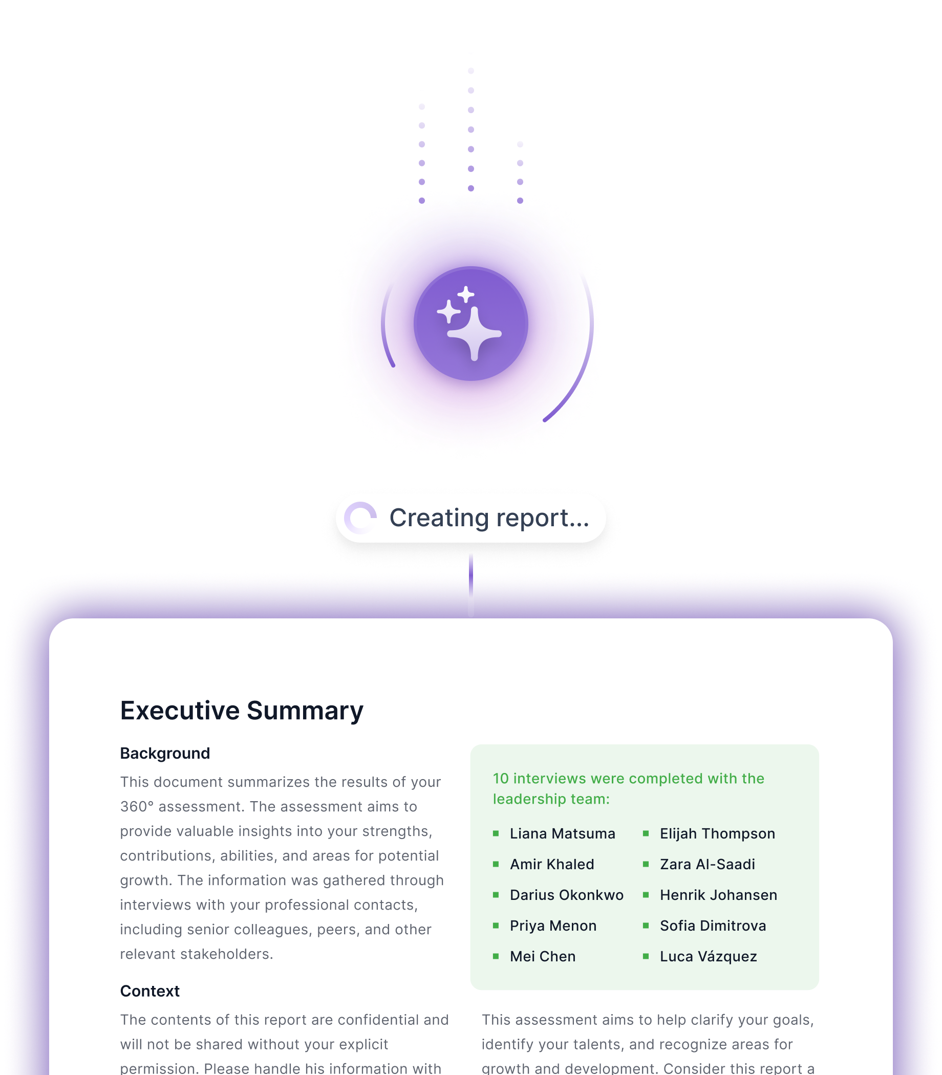 Convogo product-site preview of a sample leadership assessment report